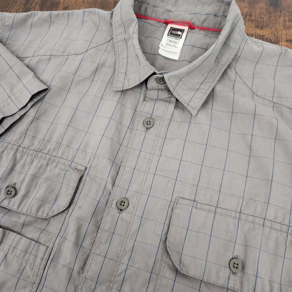 North Face Men's Short Sleeve Button Up Shirt Gray‎ Blue Windowpane Size XXL